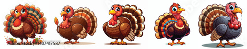Funny collection of 
turkey farm animal pictures 
in cartoon style on white background