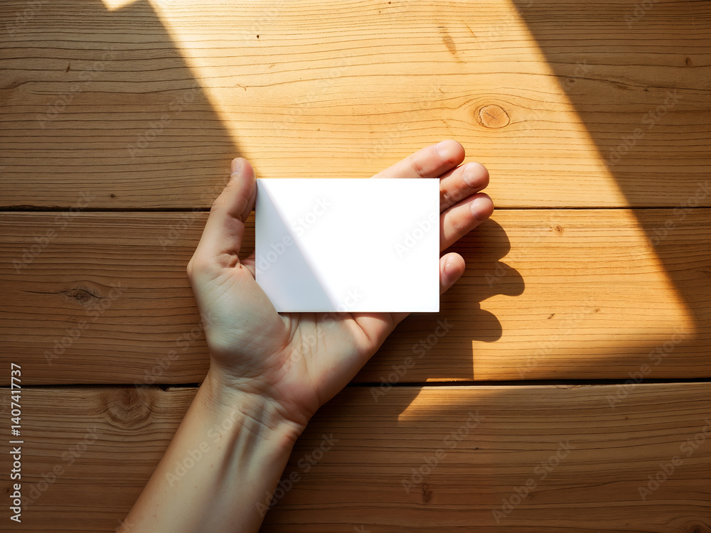 Obraz premium Hand holding small blank card against wooden background, ready for text or message. Generative AI