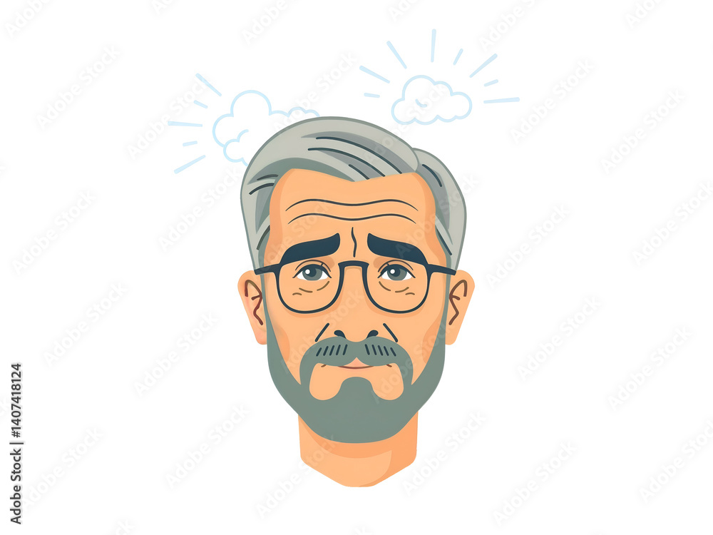 Vector illustration of an older man looking confused and stressed with question marks and clouds. Generative AI