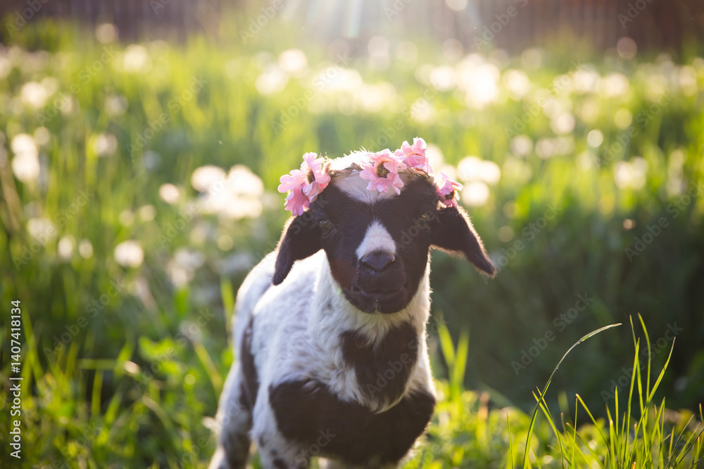 Beautiful baby lamb with flower wreath in magic light