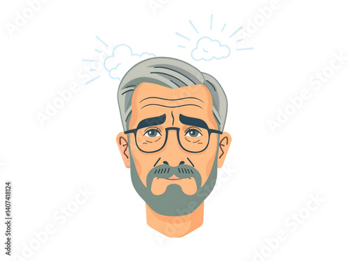 Vector illustration of an older man looking confused and stressed with question marks and clouds. Generative AI