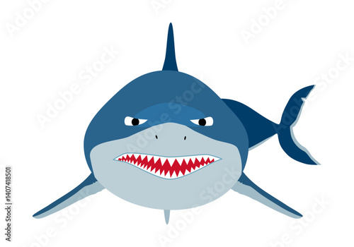 Angry Shark animal front view. Underwater swimming shark, toothy fish character. Ocean aquatic shark animal vector cartoon on white background.