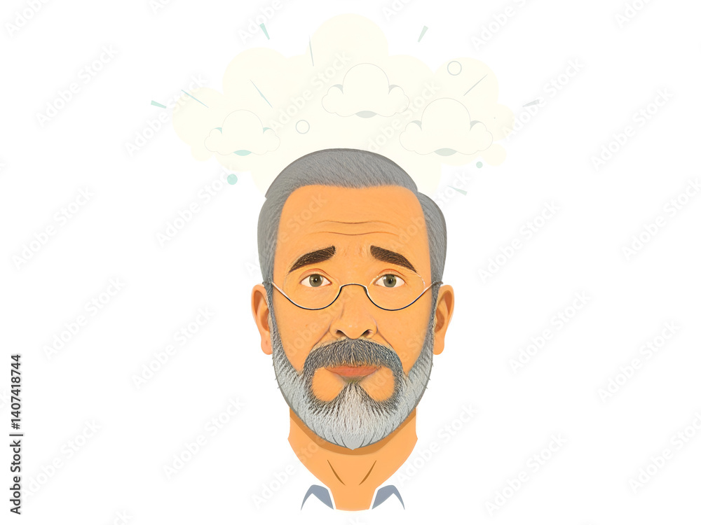 Vector illustration of an older man looking confused and stressed with question marks and clouds. Generative AI