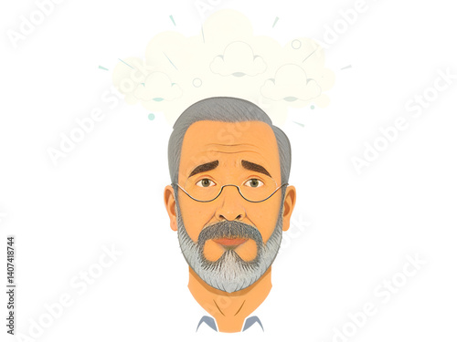 Obraz na płótnie Vector illustration of an older man looking confused and stressed with question marks and clouds. Generative AI w salonie