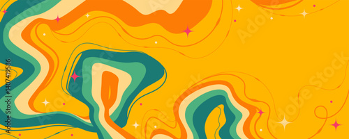 Abstract Background with Multicolored Shaky Lines and Curls on Yellow Background. Earthy design with molten shapes and retro colors. Ideal for bold prints, branding, posters, cards and psychedelic art