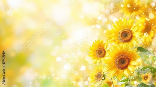 Sunlit Sunflower Bouquet: A vibrant cluster of sunflowers, bathed in a warm, golden light, radiates joy and happiness. Their bright yellow petals and cheerful faces stand out against a soft.