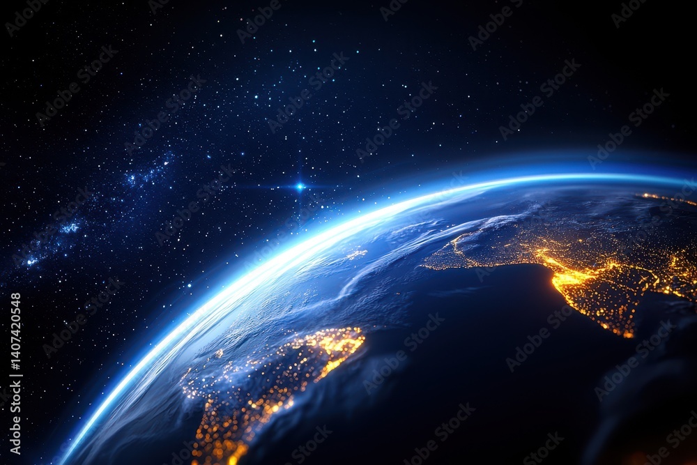 Fototapeta premium View of Earth from space showcasing its vibrant cities and dark starry background.