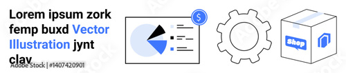 Pie chart with dollar sign, gear symbolizing efficiency, and a package representing e-commerce. Ideal for business, finance, optimization, e-commerce, analytics, marketing startups simple landing