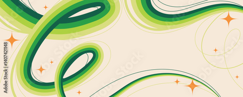 Whimsical Colorful Squiggle Lines with Swirls and Sparkles on Light Canvas. Magical and dreamy background with fluid curves, glittering details perfect for web, cards, groovy banners