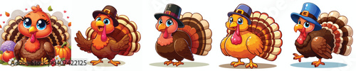 Funny collection of 
turkey farm animal pictures 
in cartoon style on white background