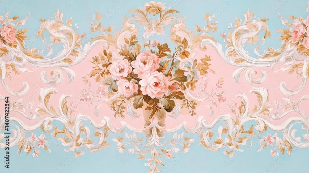 Obraz premium Elegant Roses Bouquet with Ornamental Scrollwork and Pastel Background Design