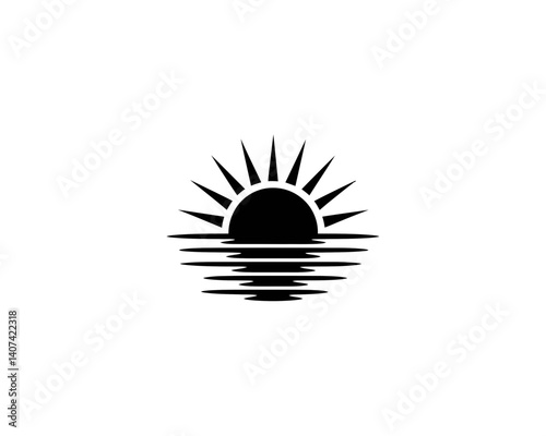 A black silhouette of a sun is depicted rising or setting over water, with rays extending outward and reflections visible on the surface.