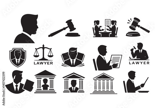 Set of lawyer and legal illustrations with gavel, law scales, and court symbols
