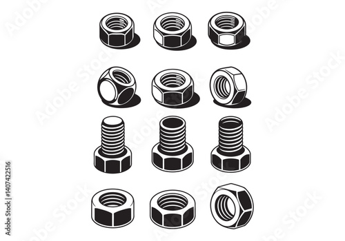 Set of nut and bolt illustrations in various designs