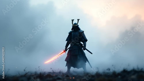 Ancient samurai warrior standing in misty battlefield, glowing katana, cinematic epic moment, dramatic silhouette power

