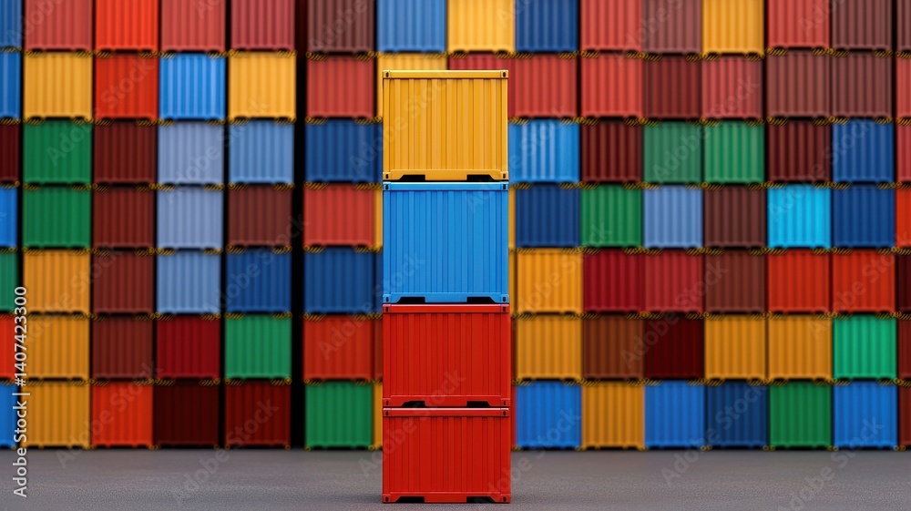 Fototapeta premium Trade conflict, import tax and shipment concept. A colorful arrangement of stacked shipping containers against a vibrant wall of similarly hued containers.