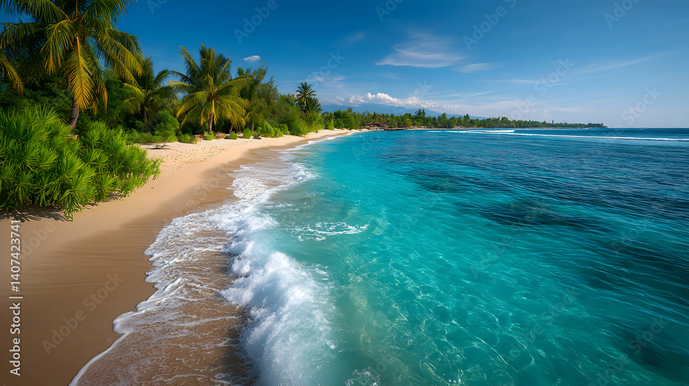 Fototapeta premium Idyllic tropical beach with turquoise water, palm trees, and white sand . Generative AI