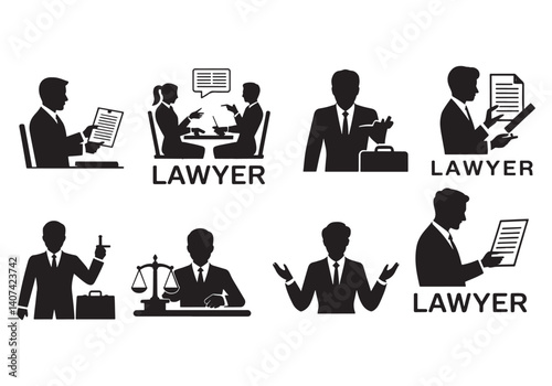 Set of lawyer illustrations with legal documents, scales, and courtroom scenes