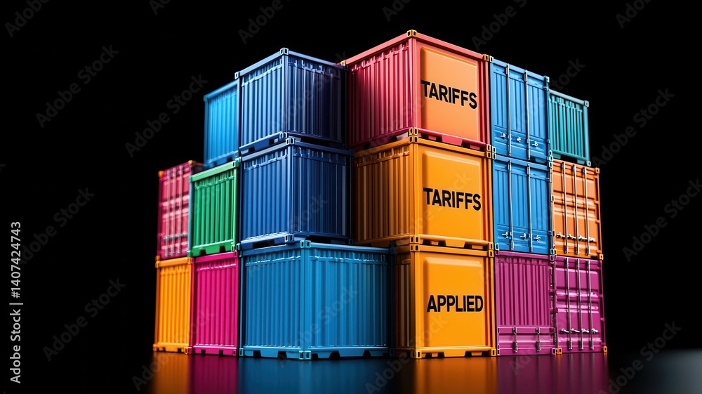 Fototapeta premium Trade conflict, import tax and shipment concept. A stack of colorful shipping containers displaying the words 