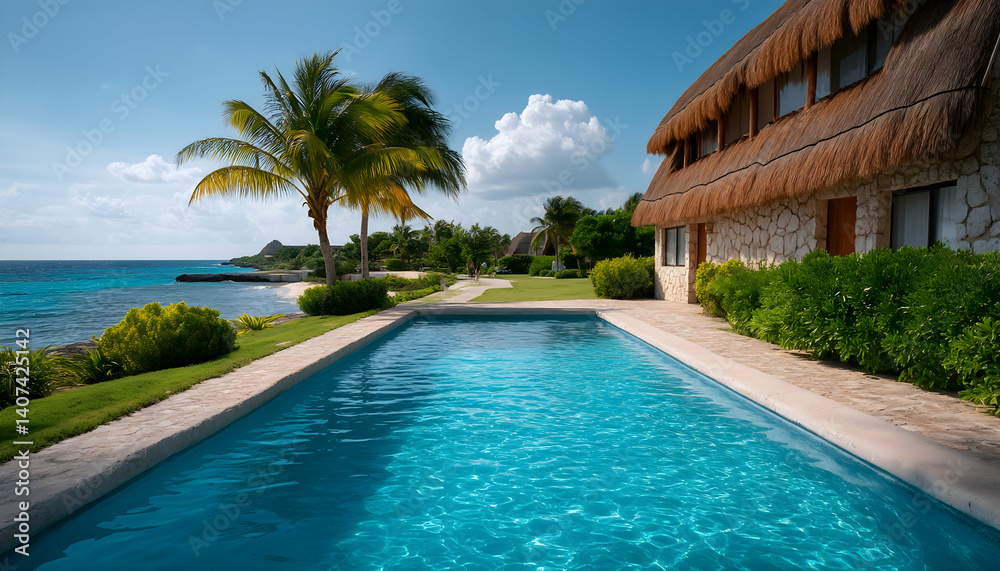Oceanfront villa with private pool and lush landscaping . Generative AI Oceanfront villa with private pool and lush landscaping . Generative AI
