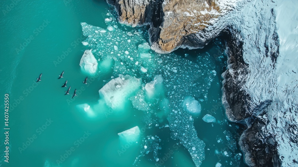 Obraz premium Aerial View of Icebergs and Birds over Turquoise Arctic Water