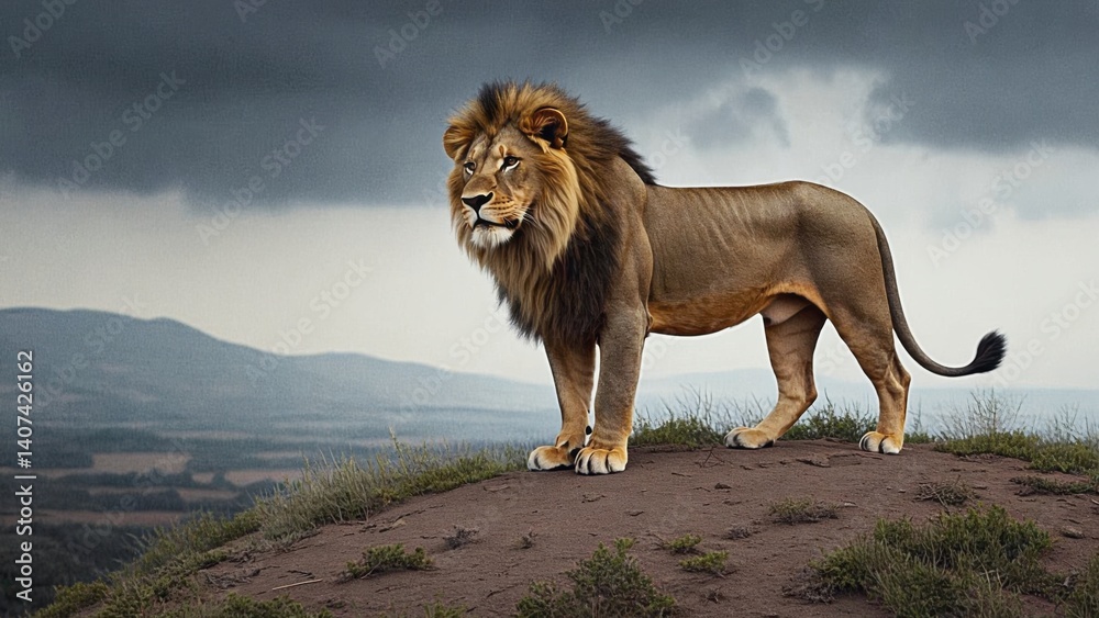 Obraz premium Majestic lion standing on a rocky outcrop in the wild.