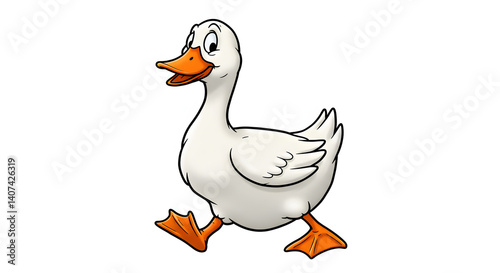 Animated Goose On the Move: A cheerful, animated goose strides forward with a spring in its step, a playful character exuding fun and whimsy. photo