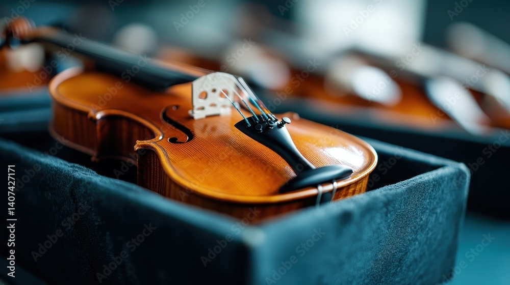 Fototapeta premium A gorgeous violin sits within a rich velvety case, showcasing its beauty and elegance, maintaining a sense of protection and artistry, ideal for musicians and collectors.