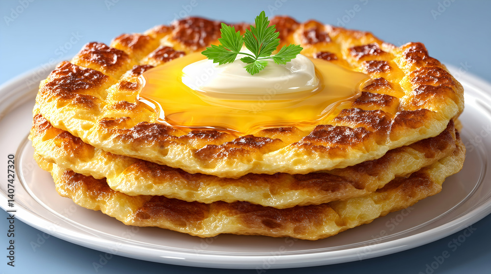 Three golden-brown pancakes drizzled with honey and topped with sour cream . Generative AI Three golden-brown pancakes drizzled with honey and topped with sour cream . Generative AI