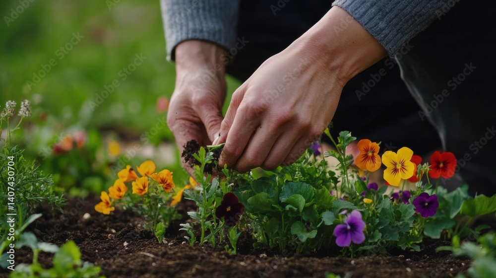 Fototapeta premium Landscaper planting flowers in garden bed. Featuring focus and care
