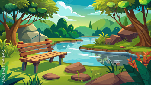 A wooden bench overlooks a calm pond surrounded by mossy rocks and greenery