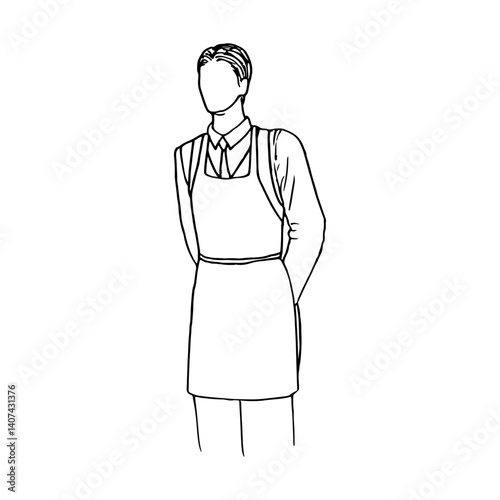 male slim tall handsome waiter in apron standing with hands behind back standing straight, portrait half faceless - hand drawn line art illustration