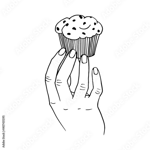 human hand holding chocolate chip muffin - hand drawn line art illustration. chocolate chunk muffin outline drawing