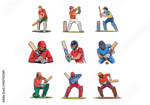 Set of cricket players in action, showcasing various batting and bowling poses