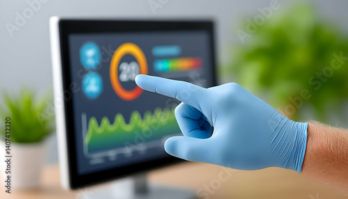 Gloved hand points to data analytics displayed on a computer screen