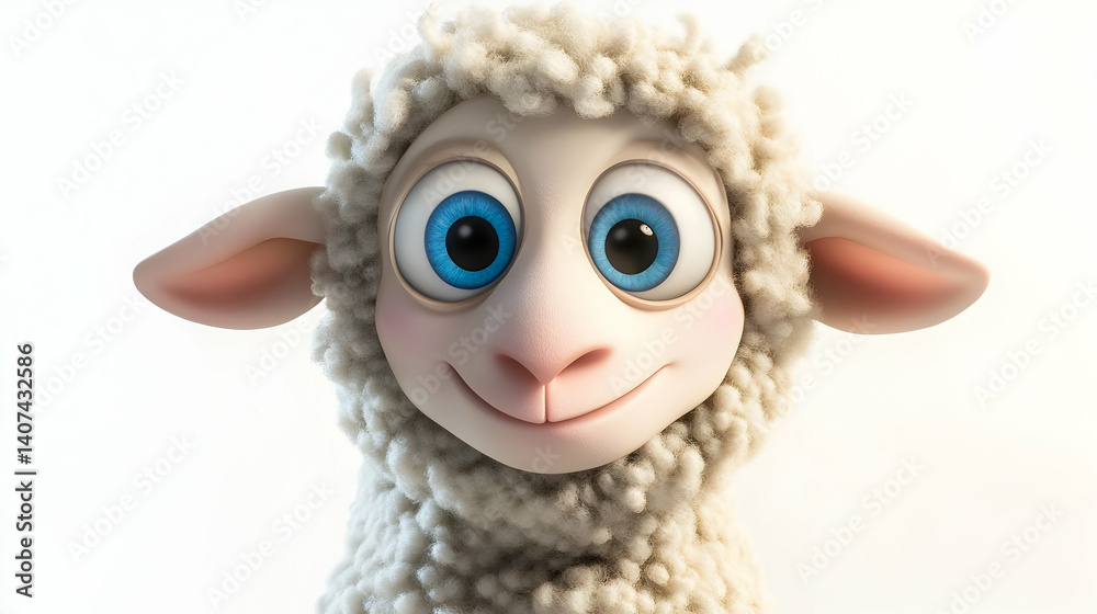 Fototapeta premium Cute animated lamb with big blue eyes and fluffy wool