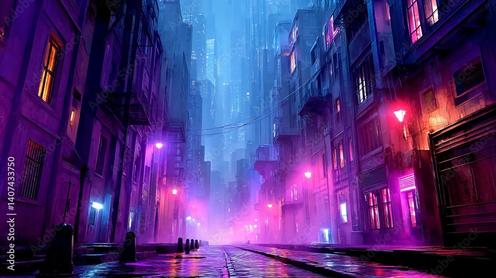 A futuristic city street bathed in neon light, with rain reflecting on the pavement A futuristic city street bathed in neon light, with rain reflecting on the pavement