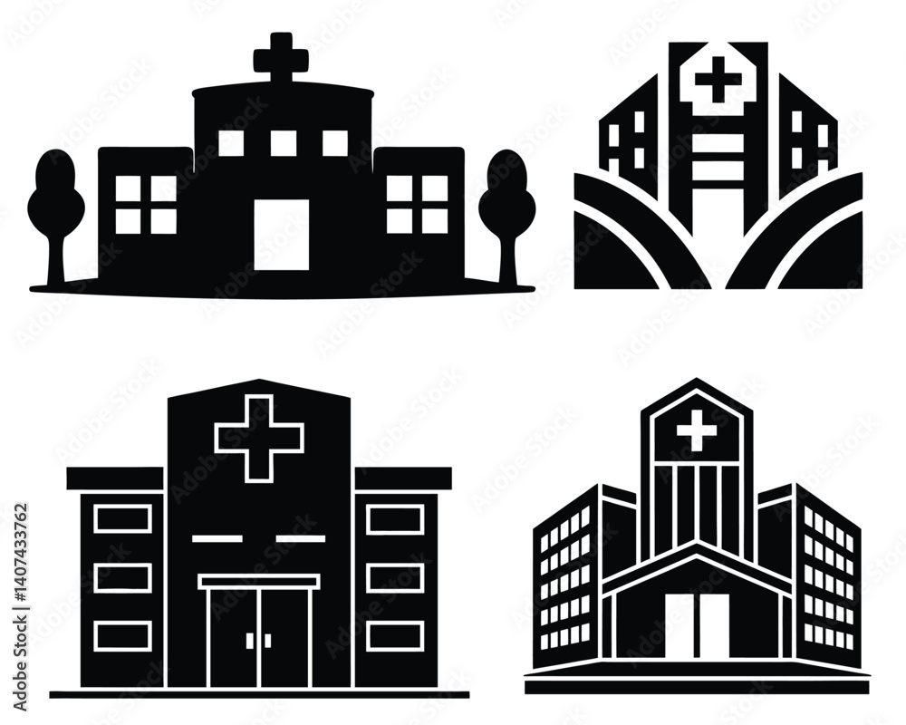 Obraz premium Black Silhouette of a Hospitals Building with Cross Symbol, Healthcare Vector Illustration