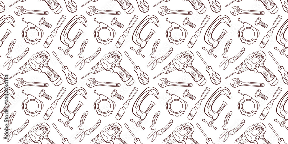 Obraz premium Seamless pattern of construction tool including drill, pliers, wrench, clamp and screwdriver in line art style on white background for industrial and repair design.