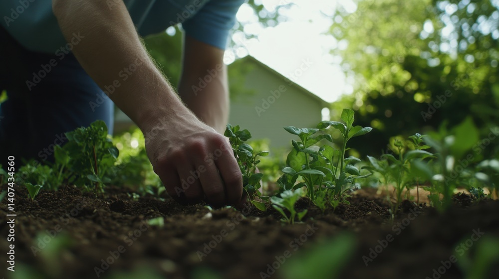 Fototapeta premium Landscaper planting shrubs in front yard. Featuring focus and care