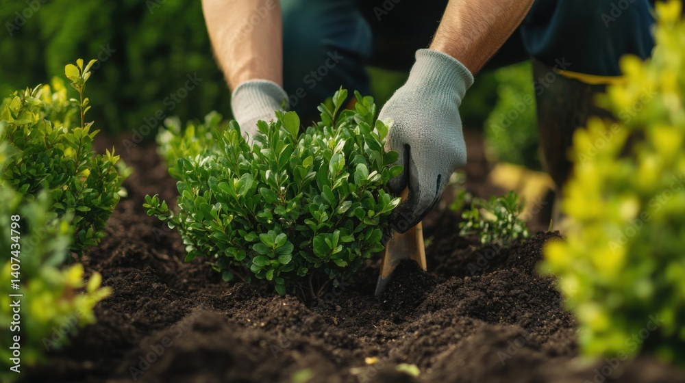 Naklejka premium Landscaper planting shrubs in garden bed. Featuring care and attention to detail