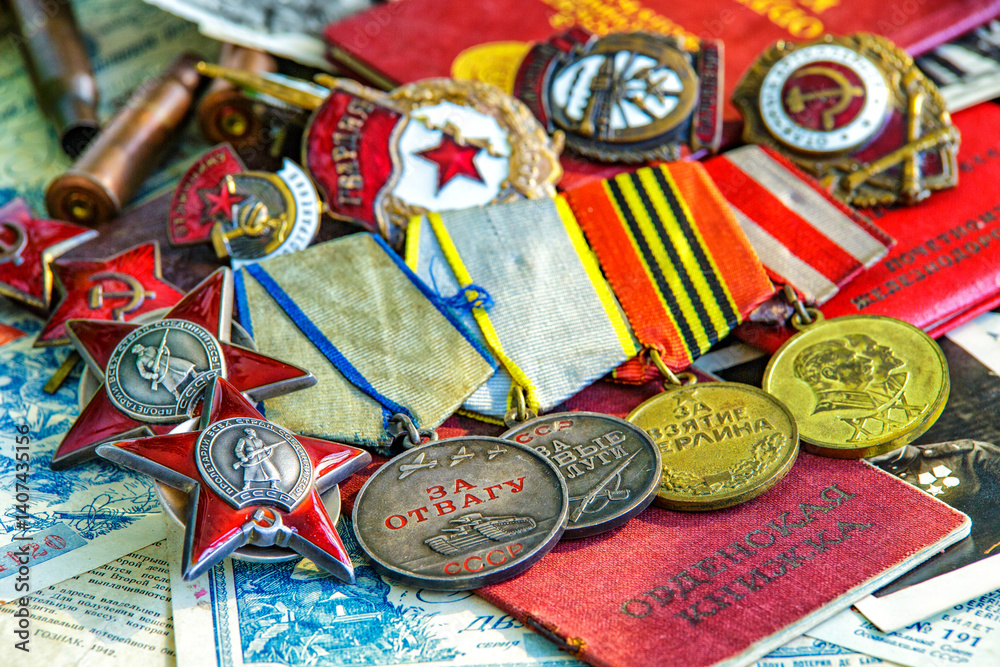 Obraz premium Awards of the Second world war close-up. Soviet military awards - Order Red Banner, Glory,the order of the Patriotic war,Order of the Red Star, Medal for Courage, Medal Battle Merit.