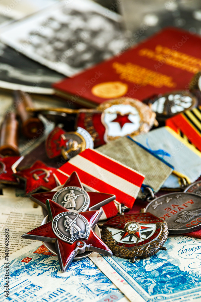 Obraz premium Awards of the Second world war close-up. Soviet military awards - Order Red Banner, Glory,the order of the Patriotic war,Order of the Red Star, Medal for Courage, Medal Battle Merit.