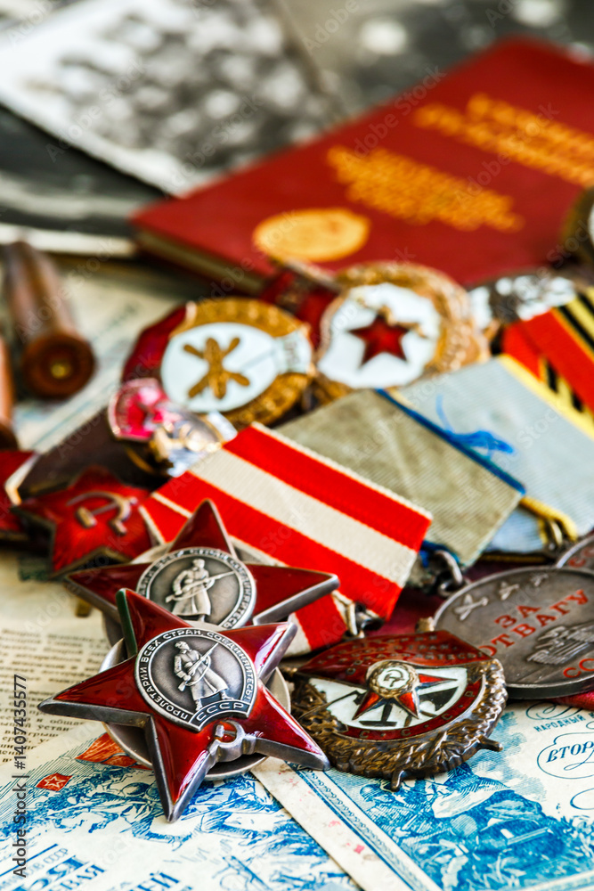 Obraz premium Awards of the Second world war close-up. Soviet military awards - Order Red Banner, Glory,the order of the Patriotic war,Order of the Red Star, Medal for Courage, Medal Battle Merit.