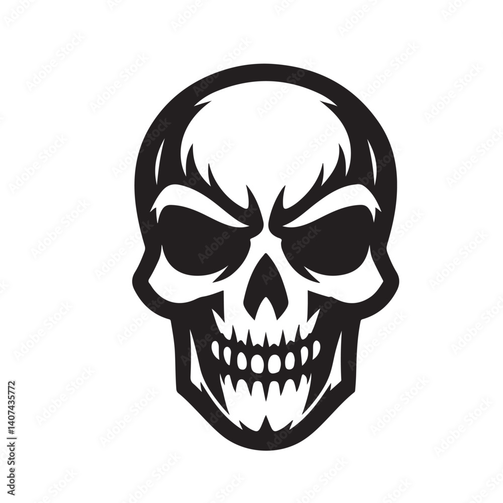 A stylized black and white skull with dark eye sockets and teeth on a plain white background art.eps A stylized black and white skull with dark eye sockets and teeth on a plain white background art.eps