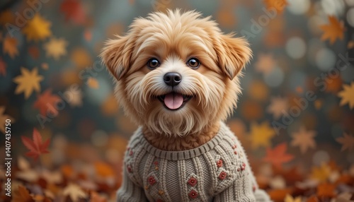 秋の穏やか光、笑顔の愛犬ニット姿