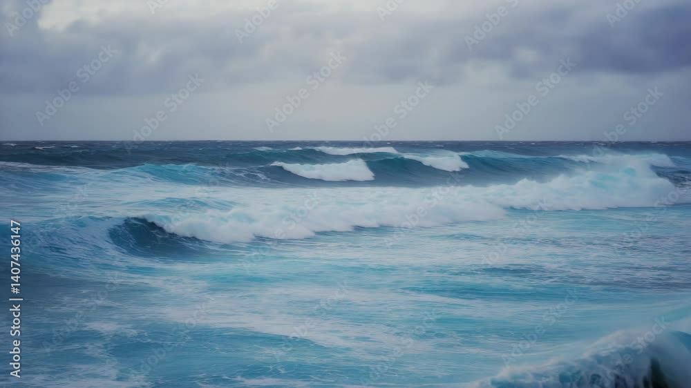 Ocean waves rolling with white foam under overcast sky, creating calming seascape. Ocean waves rolling with white foam under overcast sky, creating calming seascape.