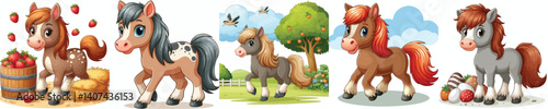 Cute collection of 
horse farm animal pictures 
in cartoon style on white background