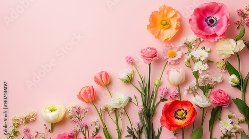 Spring floral composition made of fresh colorful flowers on light pastel background. Festive flower concept with space for you text and best design