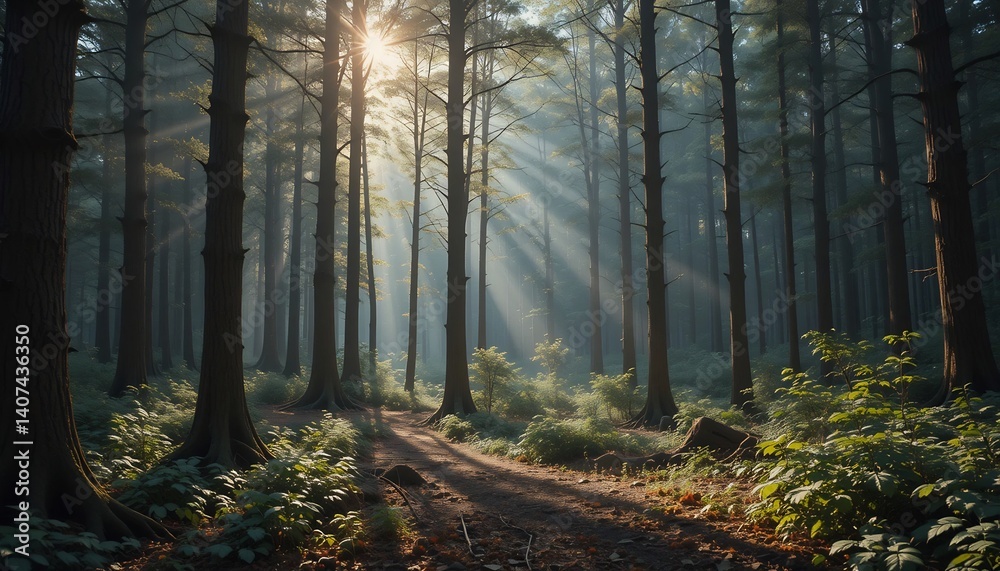 Obraz premium 朝の森 神秘的 光線輝く 小道